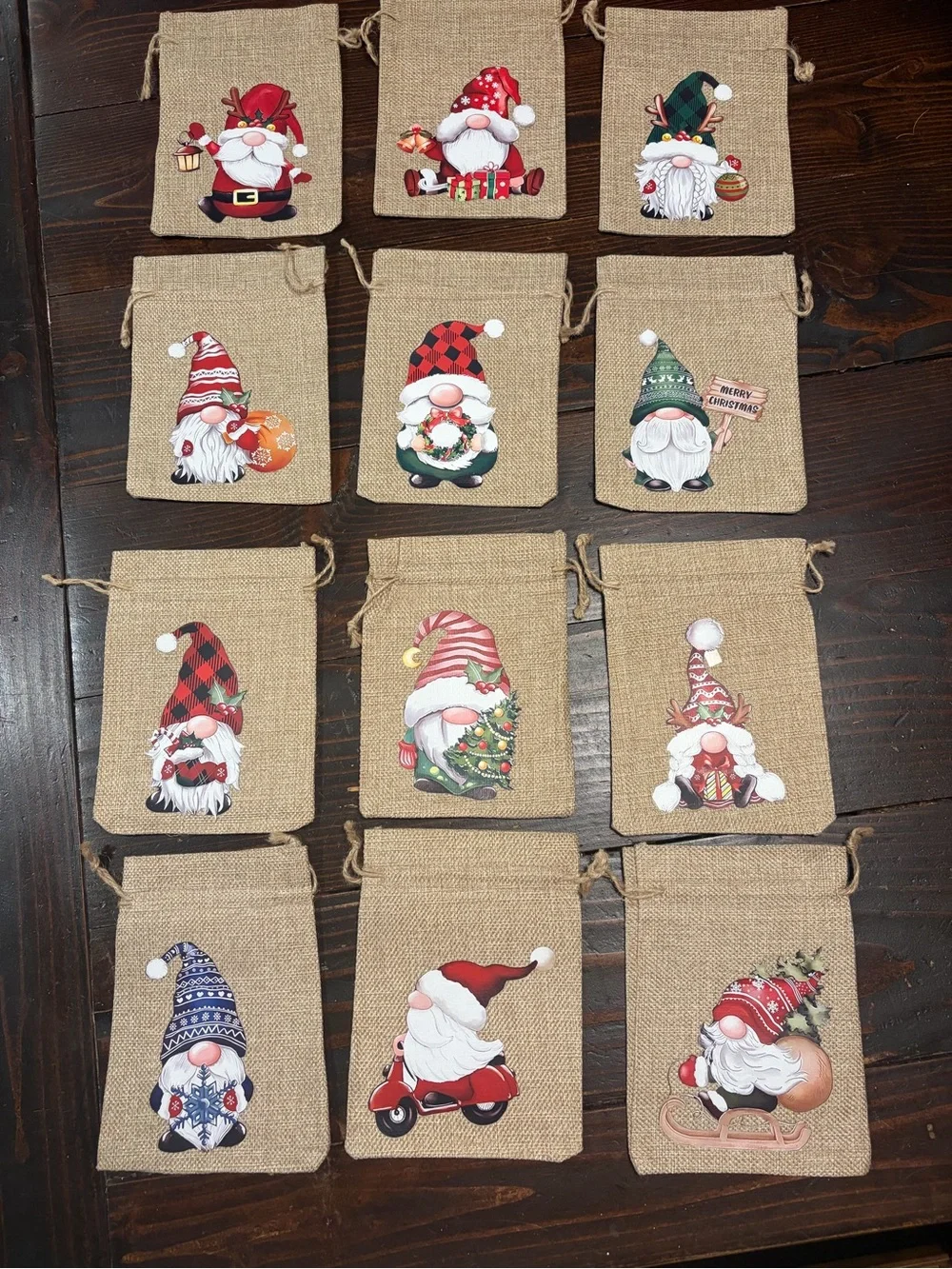 Festive Gnome Burlap Gift Bags – Assorted Holiday Colors
